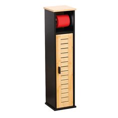 a tall wooden cabinet with a red tape on the top and bottom drawer, in black