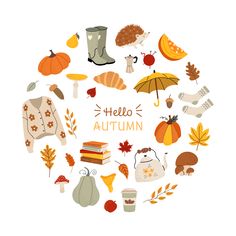 the words hello autumn are surrounded by fall items