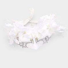 Style No : [453390] M33103-W Color : White Theme : Flower & Leaf, Halloween Size : 9" X 6" Adjustable Floral Angel Masquerade Eye Mask Masks Masquerade, Flower Leaf, White Feathers, Halloween Masks, Crystal Rhinestone, Eye Mask, Color White, Crown Jewelry, Angel