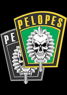 the emblem for pelopes is shown in black and yellow with a skull on it