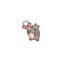 a cartoon hippo holding two heart shaped balloons in it's paws and standing on one leg