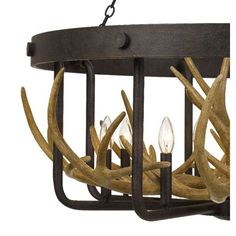 a light fixture with antlers hanging from it's center beam and two lights on each side