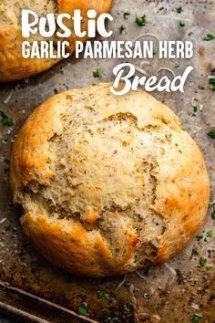 An overhead close up of a round loaf of garlic parmesan herb bread sitting on the baking sheet. Homemade Bread For Pasta, Italian Parmesan Bread, Artisan Cheese Bread, Herb Sourdough Bread Recipe, Mini Artisan Bread Loaves, Garlic Parmesan Sourdough Bread, Tuscan Garlic Bread, Bread Machine Garlic Bread Recipe