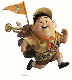 a cartoon character is holding a flag and a trumpet in his hand while jumping up into the air