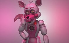 a pink and gray cartoon character standing in front of a purple background