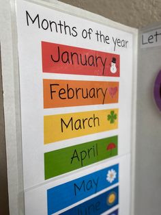 a bulletin board with months of the year written on it and magnets attached to it