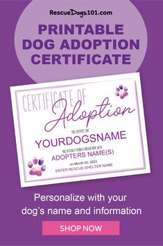 a purple and white dog id badge with the words, certificate for your dog's name