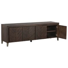 the sideboard is made out of wood and has two doors on each side, one door open