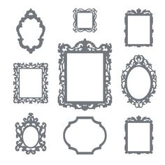 a set of nine ornate frames in different shapes and sizes, each with an individual's own design