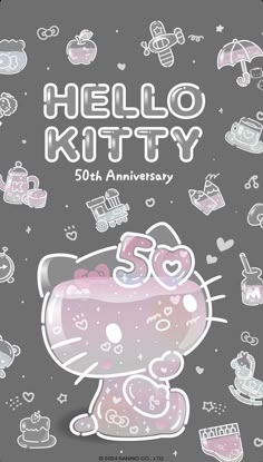 the hello kitty 50th anniversary poster is shown in white and pink colors on a gray background