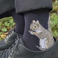 MADE IN USA Well, these SQUIRREL socks were a long time coming! I've been wanting to design them for a while, and it took a long time to get the pattern just right (and knitable), but the resulting socks make me smile (and I hope make you smile as well)! When I showed a sample to my grandmother, she said "It looks like a kind squirrel," and that was exactly what I was going for! The squirrel on the left is sweetly eating a nut, and the one on the right is poised for action! 81% cotton, 16% nylon Cute Socks Aesthetic, Goblin Girl, Gnome Witch, Folk Punk, Fox Socks, To My Grandmother, Socks Aesthetic, Shoes And Socks, Squirrel Girl