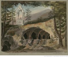 an image of a painting of a church in the woods with trees and rocks around it