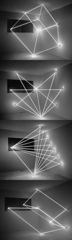 four different angles of light coming from the ceiling in black and white, with multiple lights shining down on them