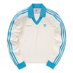 (WMNS) adidas Originals x Sporty & Rich Long Sleeve Jersey 'Cream White Blue' IN5249 Adidas Clothes, White Tees Outfit, Trippy Clothes, 80s Adidas, Adidas Long Sleeve, Jersey Fashion, Retro Jersey, Adidas Jersey, Art Outfit