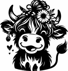 a black and white cow with flowers on its head, in the shape of a heart