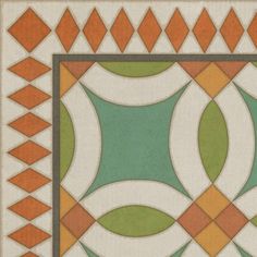 an art deco tile design with orange, green and white squares in the center on a beige background