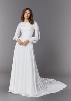 |Grace-by-Mori-Lee-Elaine-Wedding-Dress White Wedding Gown, Vintage Inspired Wedding Dresses, School Dance Dresses, Modest Wedding, Chapel Train, Chiffon Gown, Modest Wedding Dresses, Bridal Wedding Dresses, Wedding Dress Ideas