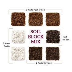 soil blocks are shown with the words soil block mix in red and white letters on them