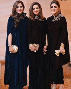 The Gulzar Ladies stun in IVY Luxury Pret. Get these outfits today at our Lahore Outlet at Hussain Chowk MM Alam Rd. Shop Online:… Winter Outfit Formal, Dress Winter Outfit, Jacket Style Kurti, Velvet Dresses Outfit, Ivy Fashion, Style Kurti, Pakistani Formal Dresses, Luxury Pret, Velvet Cape