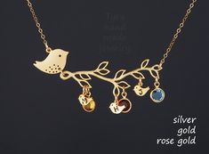 Custom Bird family necklace,initialed baby birds,family monograms,bird on branch,Family Jewelry,anniversary gift,mother's day gift,This unique and lovely family necklace would be a great gift for a mother or grandmother on their birthdays. It has two metal/color options: silvergold1. a matte white or yellow gold or rose gold plated mother bird charm perched on 2. a matte white or yellow gold-plated or rose gold plated branch charm with 3. one or more matte white or yellow gold-plated or rose gol Mother Bird, Family Jewelry, Baby Birds, Family Monogram, Branch Necklace, Lovely Family, Family Necklace, Family Jewellery, Bird On Branch