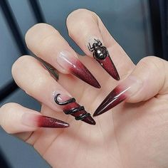 Red Nails Dark, Nails Spider, Snake Nails, Spider Nails, Nails Goth, 3d Spider, Nails Dark, Dark Red Nails