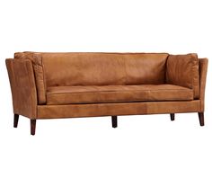 a brown leather couch sitting on top of a wooden frame