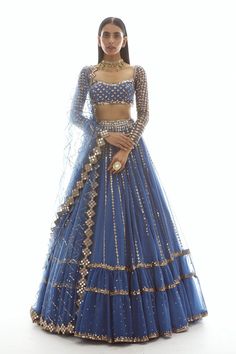 Vvani By Vani Vats | Dull Blue Linear Drop Tier Lehenga | INDIASPOPUP.COM