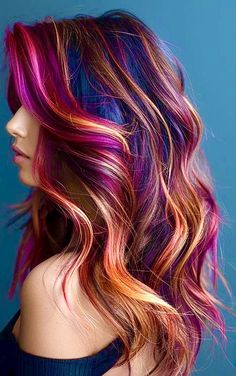 Nature Inspired Hair, Shine Line Hair, Calico Hair Color Hairstyles, Fall Vivid Hair Color, Fun Hair Color Ideas, Galaxy Hair Color, Sunset Hair Color, Fire Red Hair, Exotic Hair Color