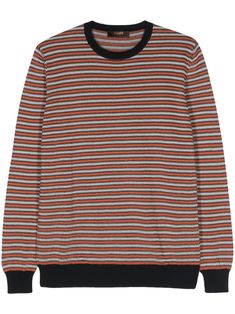 orange/midnight blue/multicolour cotton knitted construction horizontal stripe pattern ribbed trim crew neck long sleeves straight hem Knit Long Sleeve Top With Striped Collar, Striped Long Sleeve Polo Sweater, Sailor Striped Long Sleeve Top, Mens Striped Sweater Long Sleeve, Blue Cotton T-shirt With Contrast Stripes, Cotton Jumper, City Shorts, Knitwear Men, Summer Beach Wear