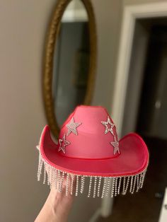 Hot Pink light up cowgirl hat with rhinestone stars and rhinestone fringe . Pink Bedazzled Cowboy Hat, Cowboy Hat With Fringe, Decorated Cowboy Hats, Hat With Fringe, Gold Lace Up Heels, Cowgirl Princess, Preppy Cowgirl, Cowgirl Halloween Costume, Cowgirl Halloween