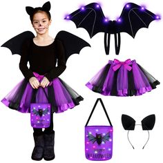 PRICES MAY VARY. Complete Bat Costume Package: you get an inclusive Halloween costume set that consists of 1 piece of costume wing, 1 piece of bat ears, 1 piece of skirt for girls and a Halloween bag, assuring that your child has what they need for a complete Halloween dress up experience Suitable Size: our wing for kids span approx. 23.62 x 8.27 inches/ 60 x 21 cm, enclosing the child in an impressive bat silhouette; The tulle skirt, measuring approx. 11.81 inches/ 30 cm long, adds a touch of w Wing Ears, Halloween Bat Costume, Kids Bat, Purple Tulle Skirt, Bats For Kids, Bat Ears, Bat Silhouette, Bat Costume, Baby Costumes Girl