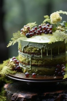 a cake with green icing and berries on top is sitting on a wooden table