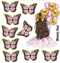 a girl with lots of pink and gold butterflies