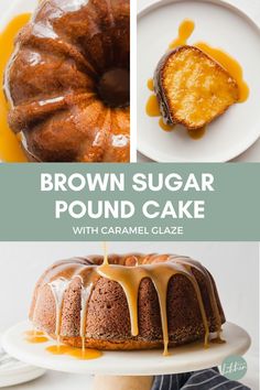 brown sugar pound cake with caramel glaze on the top and bottom, topped with icing