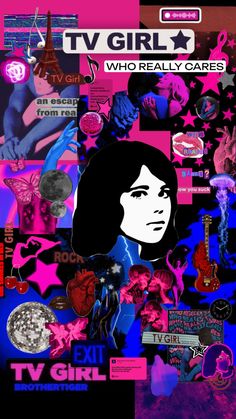 a collage of tv girl stickers and decals in pink, blue, purple and black