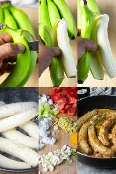 four different pictures with bananas and onions being cut in half to make an appetizer