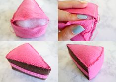 four pictures of different angles of a pink piece of felt