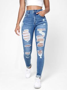 Medium Wash    Denim Plain Skinny Embellished High Stretch  Women Denim Cute Ripped Jeans, Retro Pants, Stylish Jeans, Cute Pants, Nice Outfits, Cute Jeans, Teenage Fashion, Women Denim Jeans, Type Of Pants