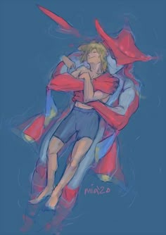 a drawing of two people hugging in the air with their arms wrapped around each other