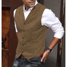 Fabric:Tweed; Gender:Men's; Style:Casual,Fashion; Fit Type:Tailored Fit; Vest Buttons:Single Breasted Five-buttons; Item Type:Vest; Pattern:Herringbone; Neckline:Notch; Listing Date:09/19/2023; Clothing Length:; Bust:; Shoulder Width: Mens Vest With Lapel, Boy Prom Outfit, Mens Wool Vest, Victorian Jacket, Casual Punk, Man Wedding, Mens Suit Vest, Trendy Mens Fashion, Mens Suit Jacket