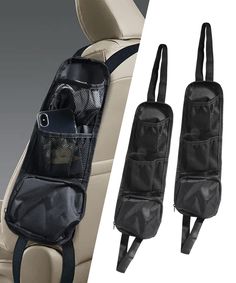 two car seat back pockets with cell phone holders attached to the front and rear seats