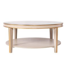 a white coffee table with gold trim around the top and bottom shelf on an off - white background