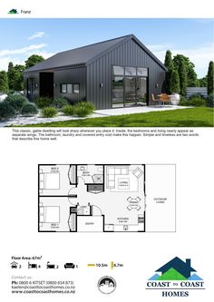 the floor plan for a modern house with two bedroom and one bathroom, is shown