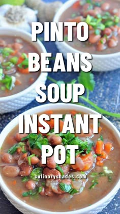 two white bowls filled with bean soup and garnished with parsley