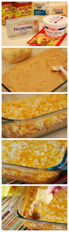 the process of making an enchilada casserole in a glass dish