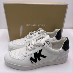 Brand New In The Original Box! Mk Sneakers, Mk Shoes, Bootie Socks, Fashion Tennis Shoes, White Fashion Sneakers, City Sneakers, Black Wedge Sneakers, Michael Kors Shoes Sneakers, Michael Kors Sneakers