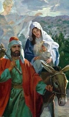 a painting of jesus riding on a donkey with two women