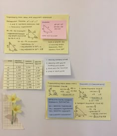 three sticky notes are attached to a white wall with flowers and paper on top of it