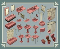 an assortment of pink bathroom furniture and accessories