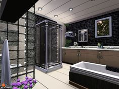 a large bathroom with a walk in shower next to a bathtub and sink area